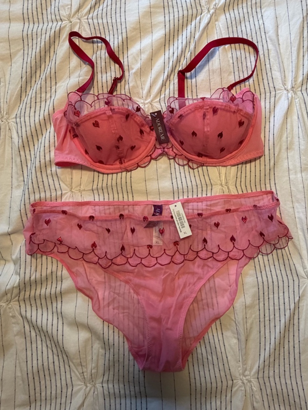 Adore Me Pink Heart Embroidered Lingerie set 38C/XL panty - Picture 4 of 4
